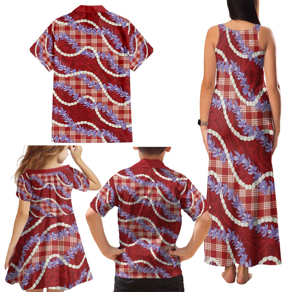 Red Hawaii Palaka Honohono Pikake Family Matching Tank Maxi Dress and Hawaiian Shirt Hawaiian Orchid Lei Polynesian Pattern - Polynesian Pride