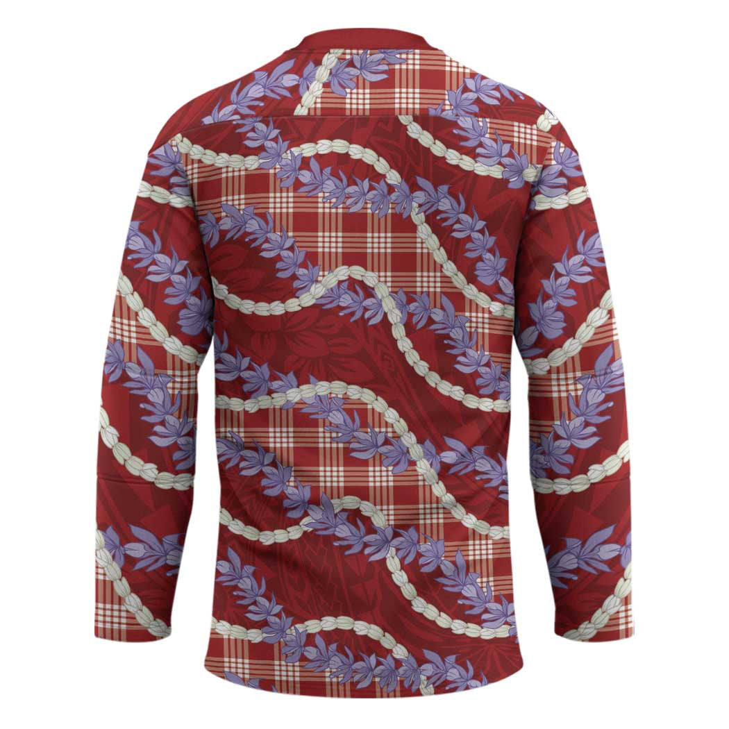 Red Hawaii Palaka Honohono Pikake Hockey Jersey Hawaiian Orchid Lei Polynesian Pattern - Polynesian Pride