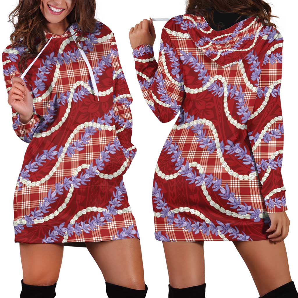 Red Hawaii Palaka Honohono Pikake Hoodie Dress Hawaiian Orchid Lei Polynesian Pattern - Polynesian Pride