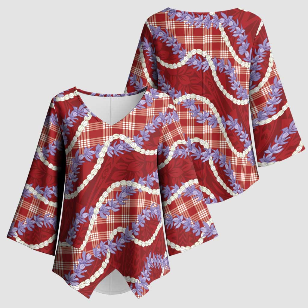 Red Hawaii Palaka Honohono Pikake Kimono Sleeve Blouse Hawaiian Orchid Lei Polynesian Pattern - Polynesian Pride