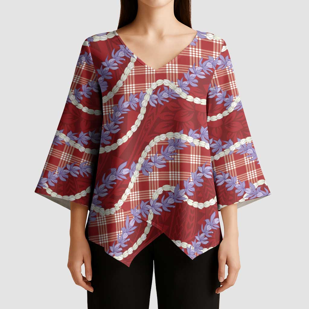 Red Hawaii Palaka Honohono Pikake Kimono Sleeve Blouse Hawaiian Orchid Lei Polynesian Pattern - Polynesian Pride