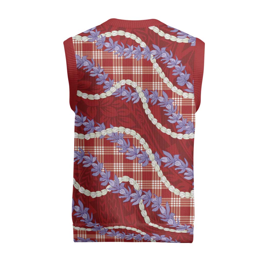 Red Hawaii Palaka Honohono Pikake Christmas Knitted V-Neck Vest Hawaiian Orchid Lei Polynesian Pattern - Polynesian Pride