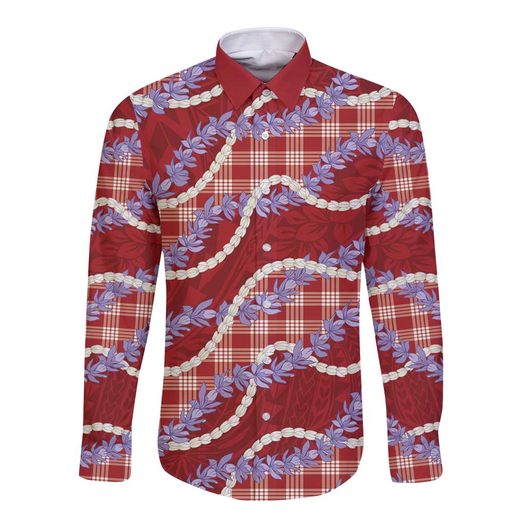 Red Hawaii Palaka Honohono Pikake Long Sleeve Button Shirt Hawaiian Orchid Lei Polynesian Pattern LT14 Unisex Red - Polynesian Pride