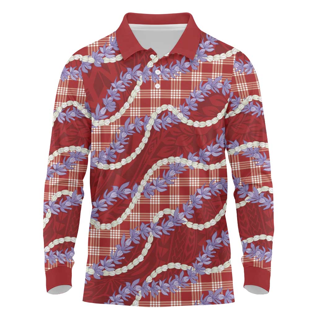 Red Hawaii Palaka Honohono Pikake Long Sleeve Polo Shirt Hawaiian Orchid Lei Polynesian Pattern - Polynesian Pride
