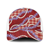 Red Hawaii Palaka Honohono Pikake Mesh Trucker Cap Hawaiian Orchid Lei Polynesian Pattern - Polynesian Pride