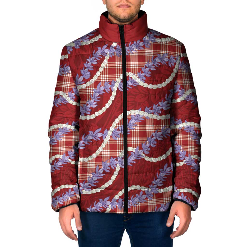 Red Hawaii Palaka Honohono Pikake Padded Jacket Hawaiian Orchid Lei Polynesian Pattern - Polynesian Pride