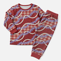 Red Hawaii Palaka Honohono Pikake Christmas Pajama Set Hawaiian Orchid Lei Polynesian Pattern - Polynesian Pride