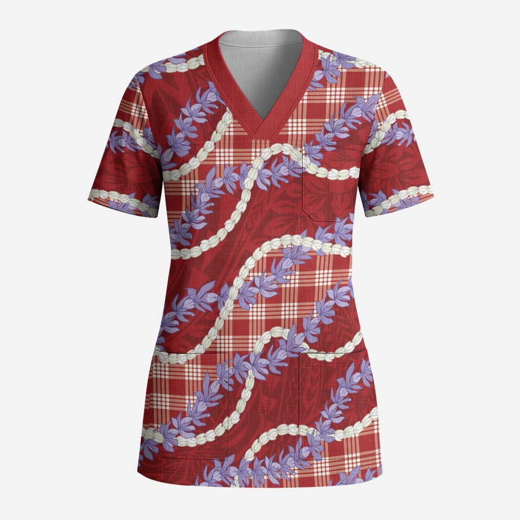 Red Hawaii Palaka Honohono Pikake Scrub Top Hawaiian Orchid Lei Polynesian Pattern LT14 Adult Red - Polynesian Pride