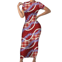 Red Hawaii Palaka Honohono Pikake Short Sleeve Bodycon Dress Hawaiian Orchid Lei Polynesian Pattern - Polynesian Pride