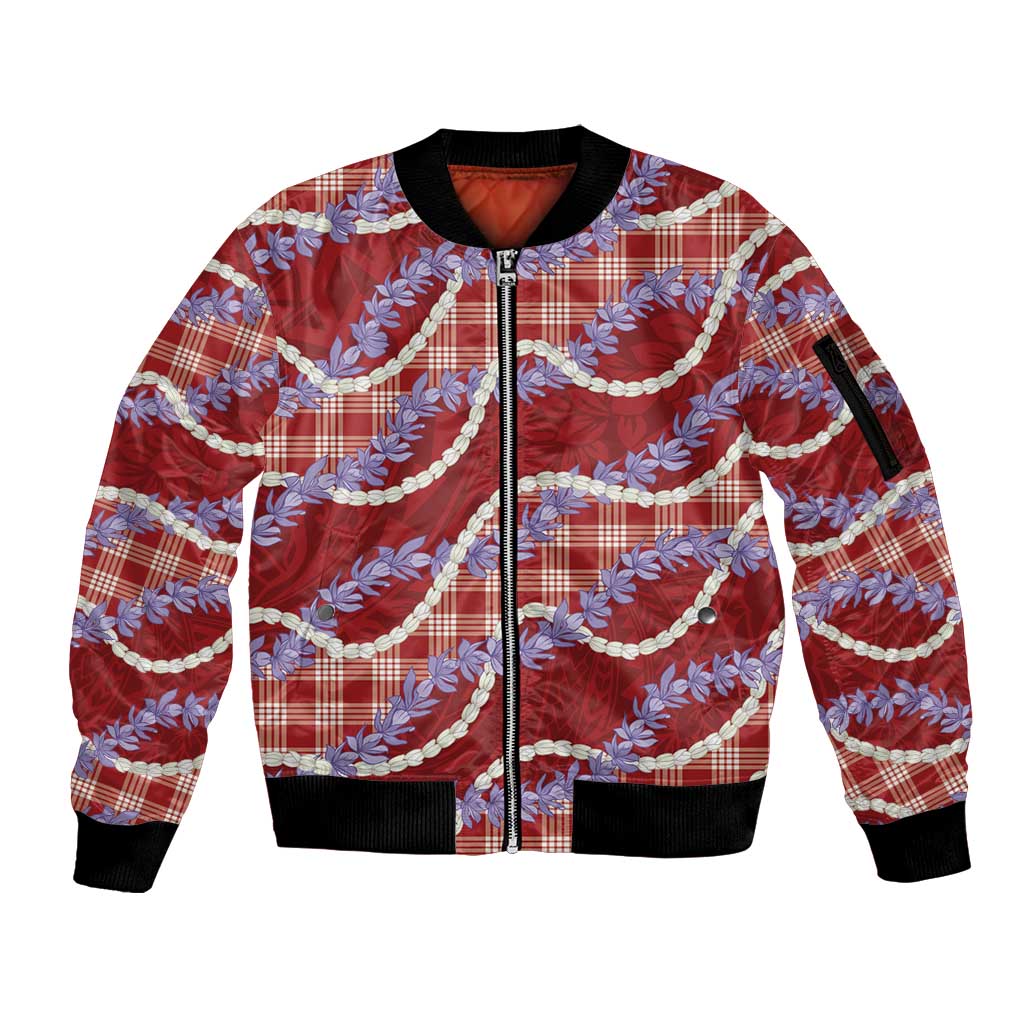 Red Hawaii Palaka Honohono Pikake Sleeve Zip Bomber Jacket Hawaiian Orchid Lei Polynesian Pattern LT14 Unisex Red - Polynesian Pride