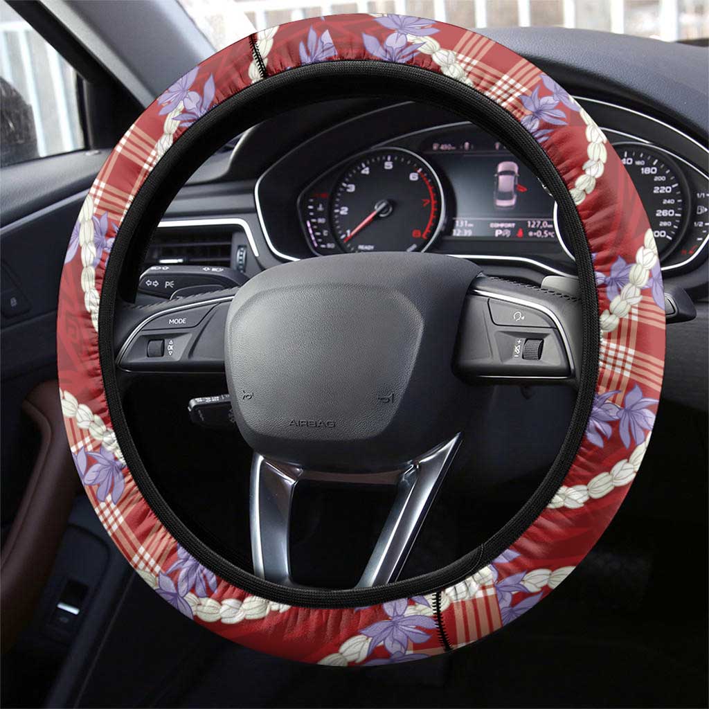 Red Hawaii Palaka Honohono Pikake Steering Wheel Cover Hawaiian Orchid Lei Polynesian Pattern - Polynesian Pride