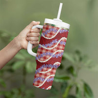 Red Hawaii Palaka Honohono Pikake Tumbler With Handle Hawaiian Orchid Lei Polynesian Pattern - Polynesian Pride