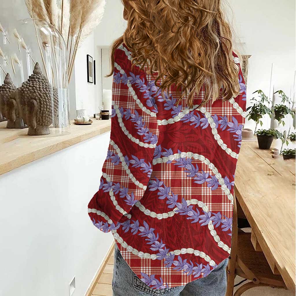 Red Hawaii Palaka Honohono Pikake Women Casual Shirt Hawaiian Orchid Lei Polynesian Pattern - Polynesian Pride