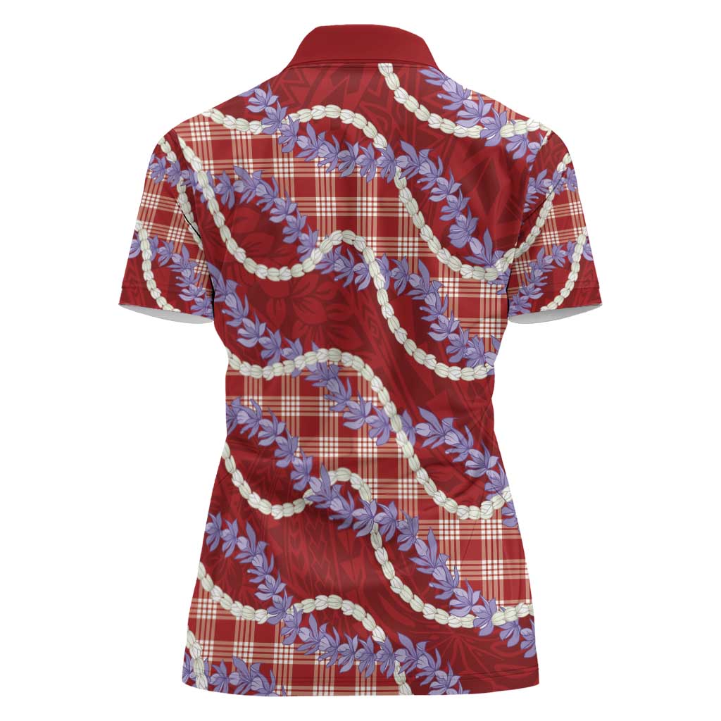 Red Hawaii Palaka Honohono Pikake Women Polo Shirt Hawaiian Orchid Lei Polynesian Pattern - Polynesian Pride