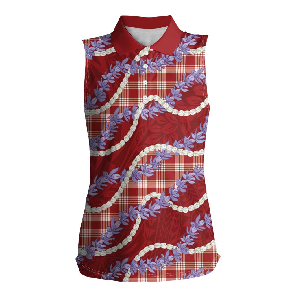 Red Hawaii Palaka Honohono Pikake Women Sleeveless Polo Shirt Hawaiian Orchid Lei Polynesian Pattern - Polynesian Pride
