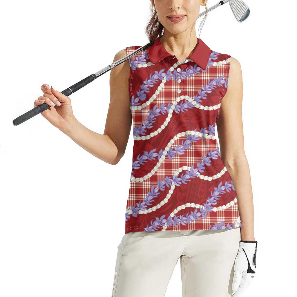 Red Hawaii Palaka Honohono Pikake Women Sleeveless Polo Shirt Hawaiian Orchid Lei Polynesian Pattern - Polynesian Pride