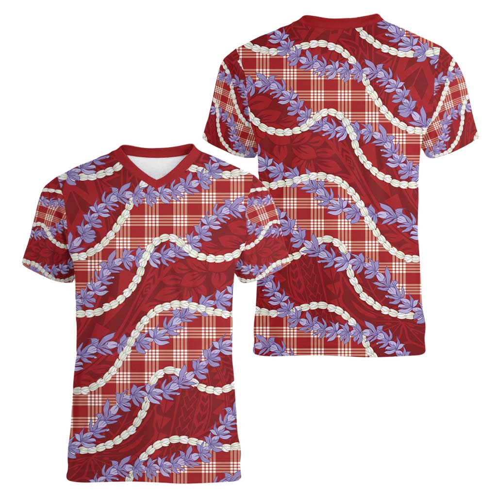 Red Hawaii Palaka Honohono Pikake Women V-Neck T-Shirt Hawaiian Orchid Lei Polynesian Pattern - Polynesian Pride