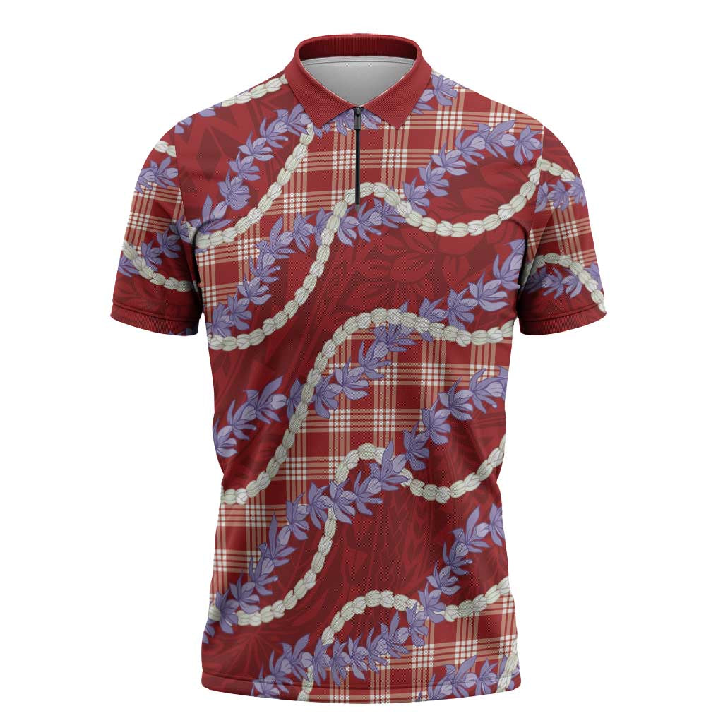 Red Hawaii Palaka Honohono Pikake Zipper Polo Shirt Hawaiian Orchid Lei Polynesian Pattern - Polynesian Pride