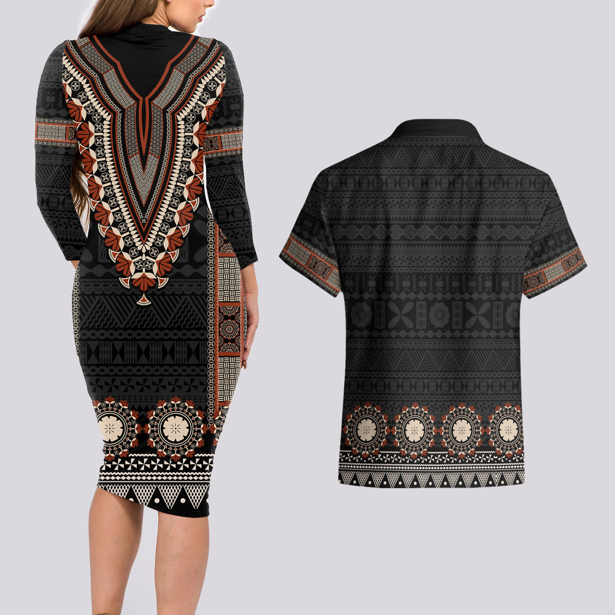 Bula Fiji Dashiki Vintage Fijian Masi Tapa Pattern Couples Matching Long Sleeve Bodycon Dress and Hawaiian Shirt LT14 - Polynesian Pride