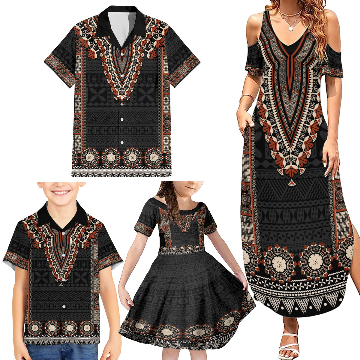 Bula Fiji Dashiki Vintage Fijian Masi Tapa Pattern Family Matching Summer Maxi Dress and Hawaiian Shirt LT14 - Polynesian Pride