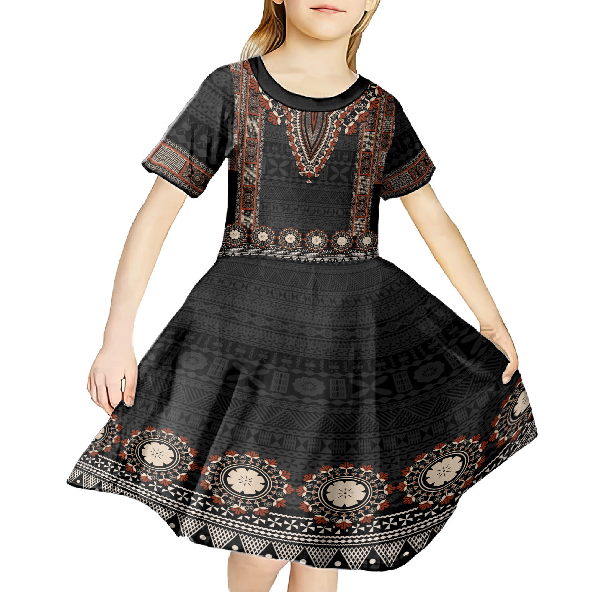 Bula Fiji Dashiki Vintage Fijian Masi Tapa Pattern Kid Short Sleeve Dress LT14 - Polynesian Pride