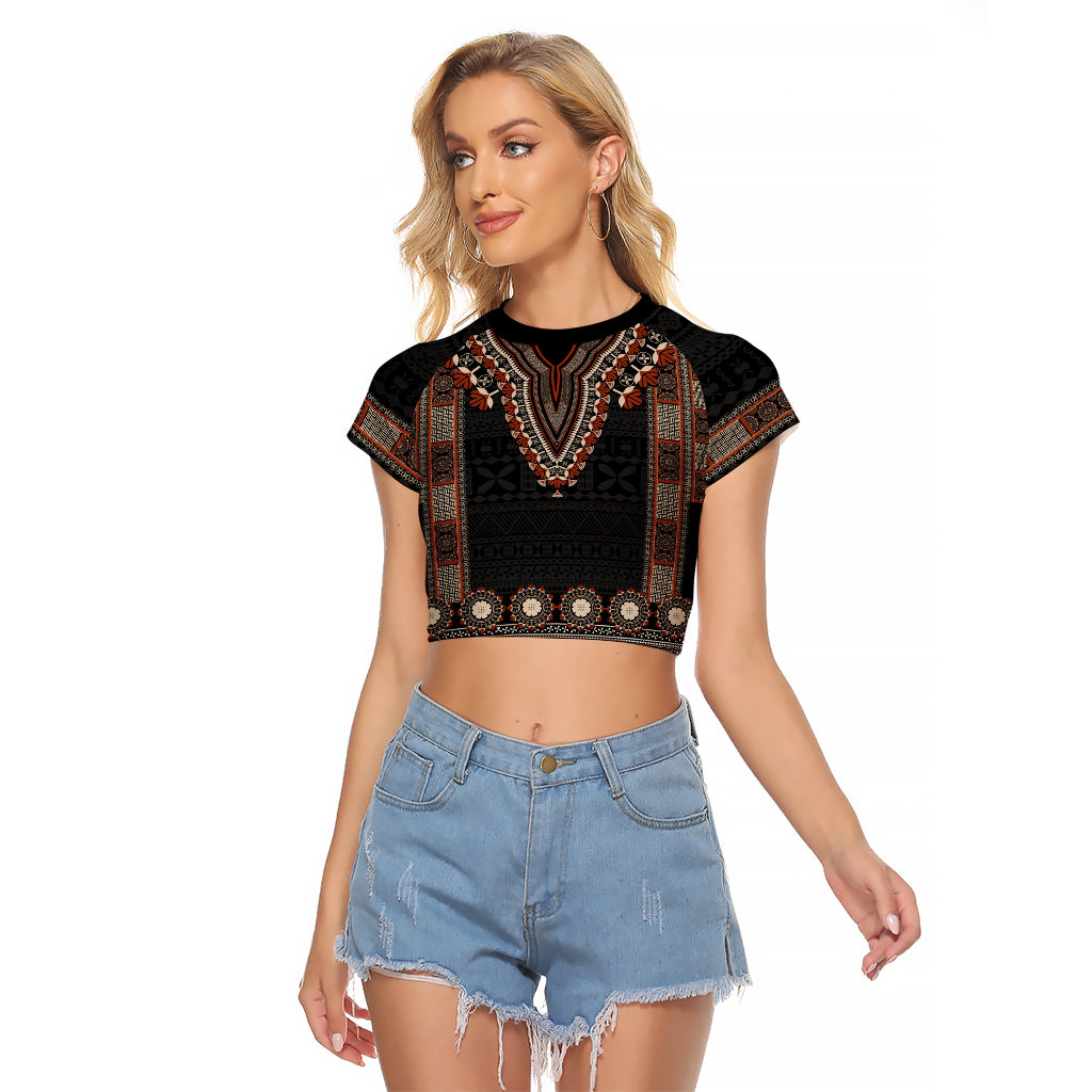 Bula Fiji Dashiki Vintage Fijian Masi Tapa Pattern Raglan Cropped T Shirt LT14 Female Brown - Polynesian Pride