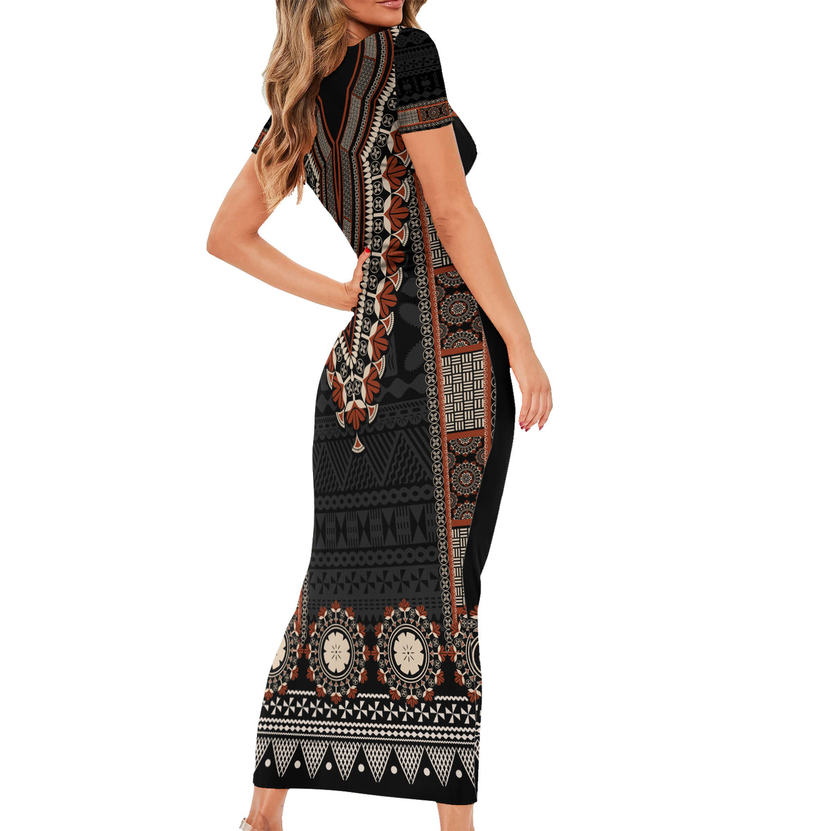 Bula Fiji Dashiki Vintage Fijian Masi Tapa Pattern Short Sleeve Bodycon Dress LT14 - Polynesian Pride