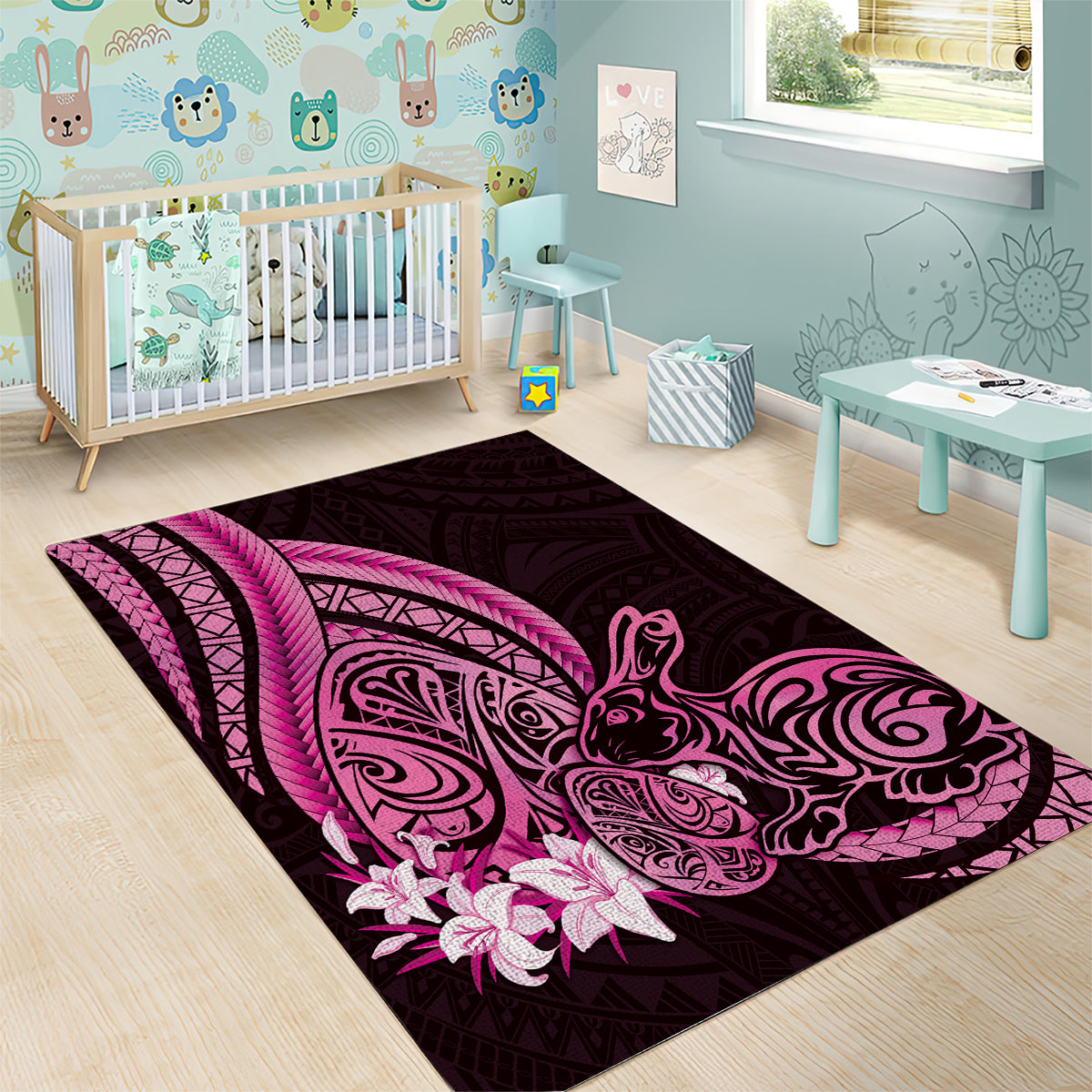 Pink Polynesia Easter Day Area Rug Eggs With Bunny Polynesian Pattern