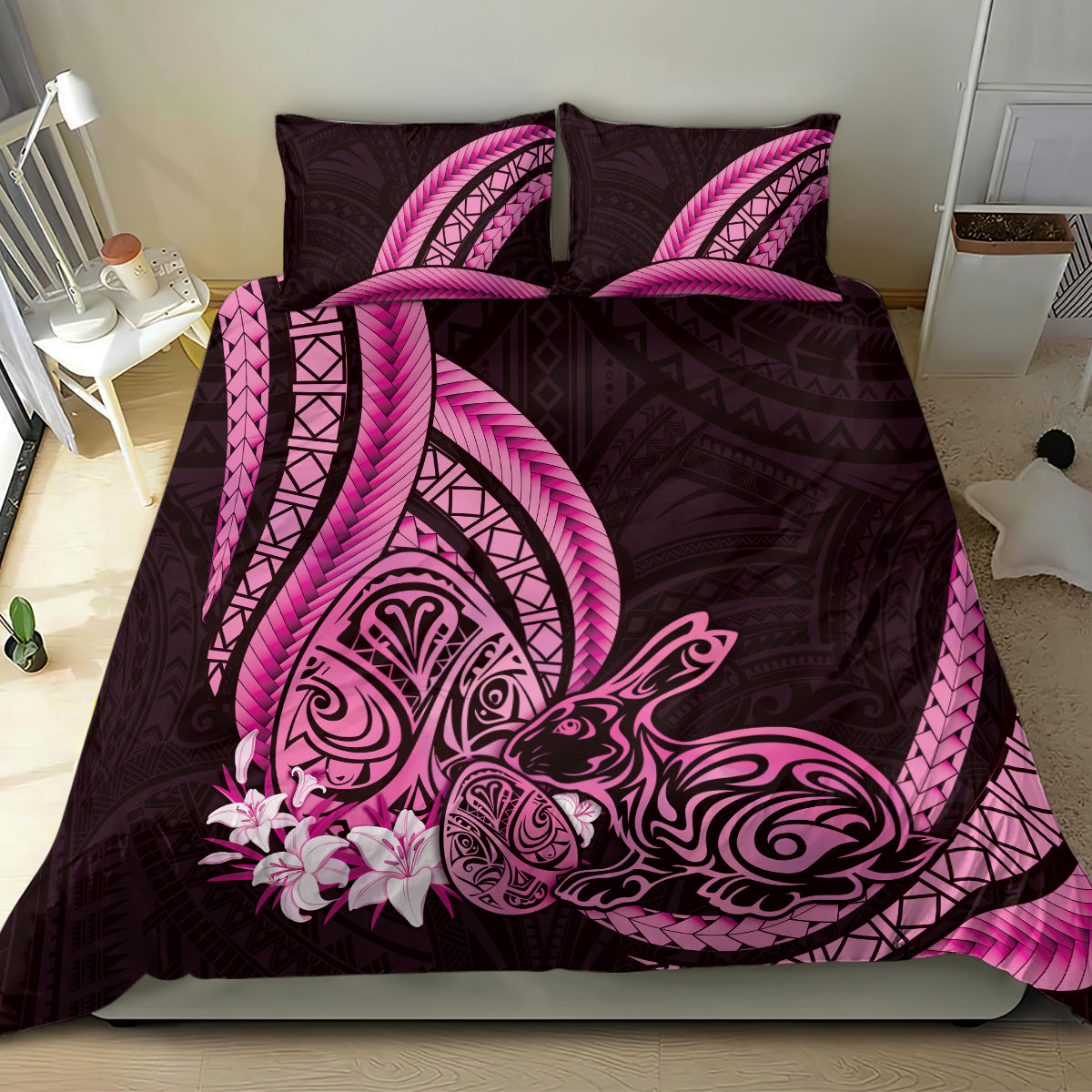 Pink Polynesia Easter Day Bedding Set Eggs With Bunny Polynesian Pattern