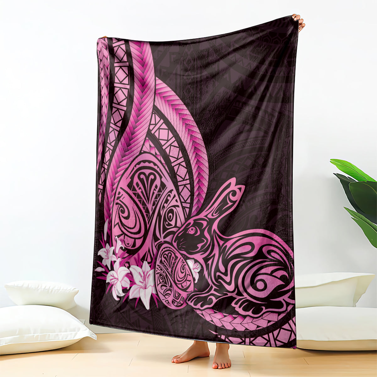 Pink Polynesia Easter Day Blanket Eggs With Bunny Polynesian Pattern