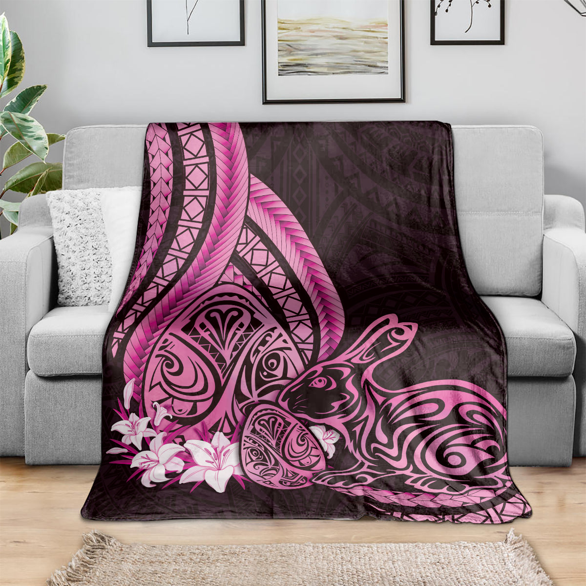 Pink Polynesia Easter Day Blanket Eggs With Bunny Polynesian Pattern
