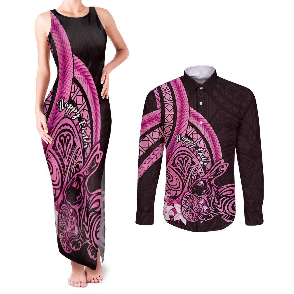 Pink Polynesia Easter Day Couples Matching Tank Maxi Dress and Long Sleeve Button Shirt Eggs With Bunny Polynesian Pattern