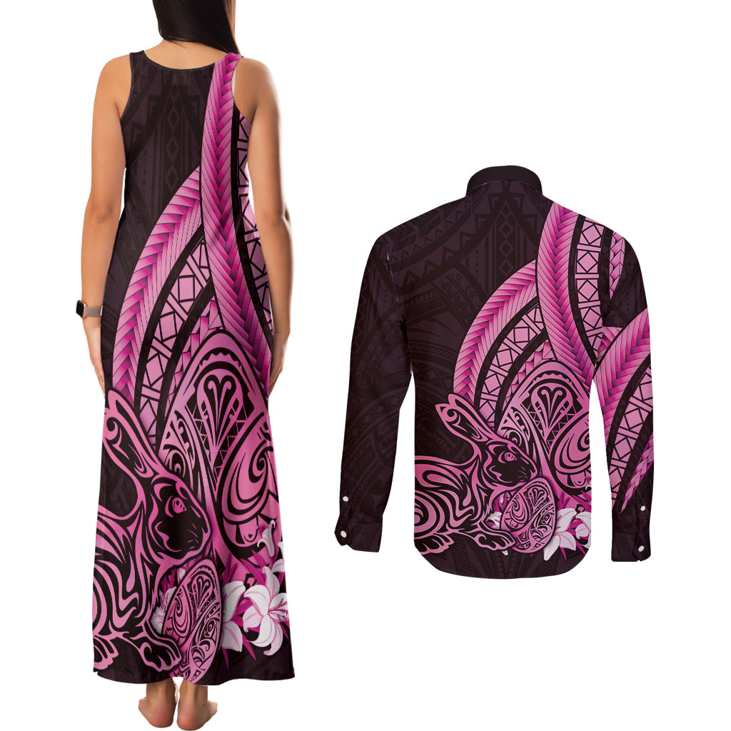 Pink Polynesia Easter Day Couples Matching Tank Maxi Dress and Long Sleeve Button Shirt Eggs With Bunny Polynesian Pattern