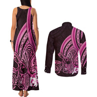 Pink Polynesia Easter Day Couples Matching Tank Maxi Dress and Long Sleeve Button Shirt Eggs With Bunny Polynesian Pattern