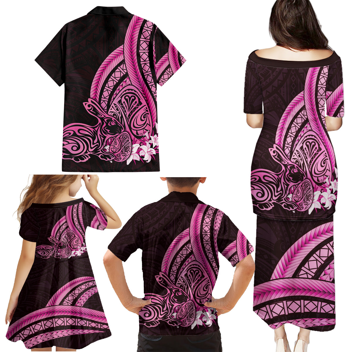Pink Polynesia Easter Day Family Matching Puletasi and Hawaiian Shirt Eggs With Bunny Polynesian Pattern
