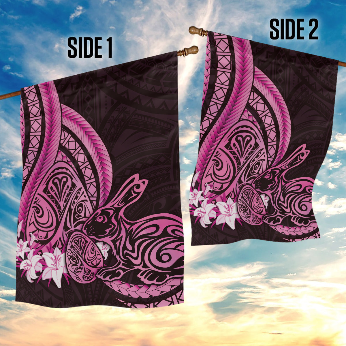Pink Polynesia Easter Day Garden Flag Eggs With Bunny Polynesian Pattern