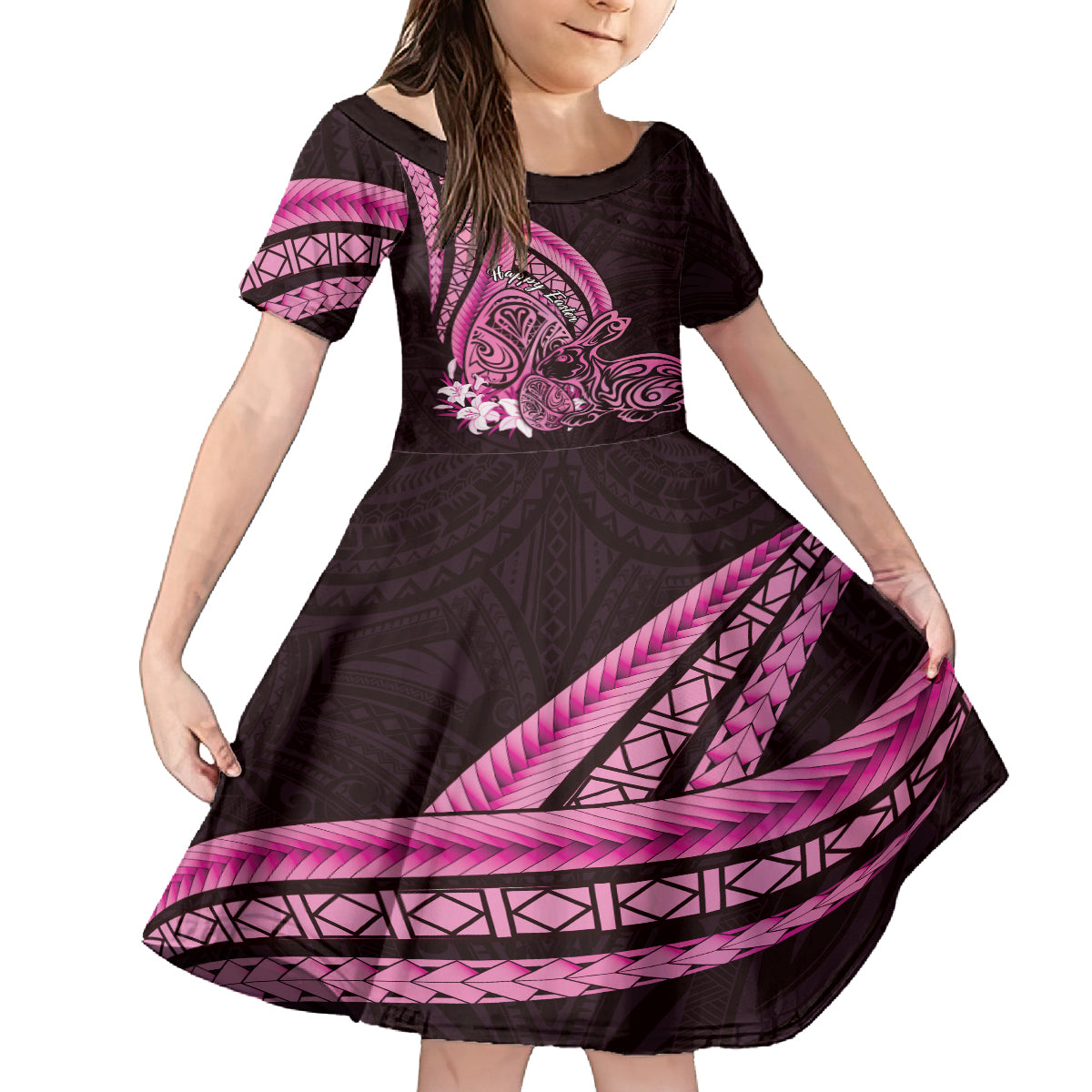 Pink Polynesia Easter Day Kid Short Sleeve Dress Eggs With Bunny Polynesian Pattern LT14 KID Pink - Polynesian Pride