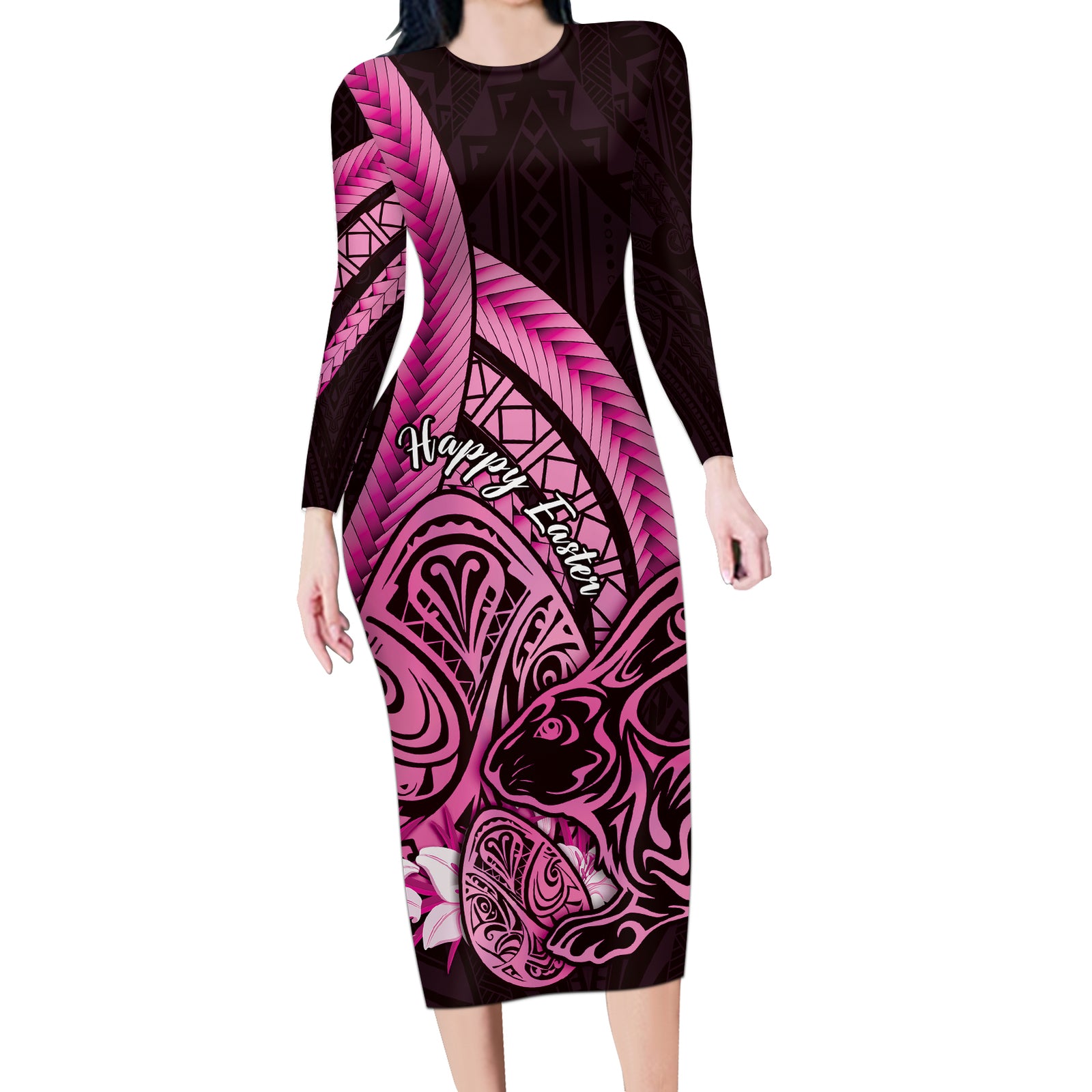 Pink Polynesia Easter Day Long Sleeve Bodycon Dress Eggs With Bunny Polynesian Pattern LT14 Long Dress Pink - Polynesian Pride