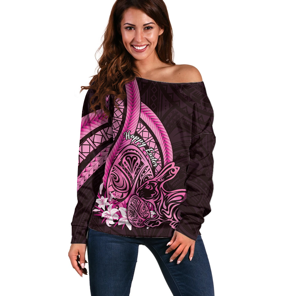 Pink Polynesia Easter Day Off Shoulder Sweater Eggs With Bunny Polynesian Pattern