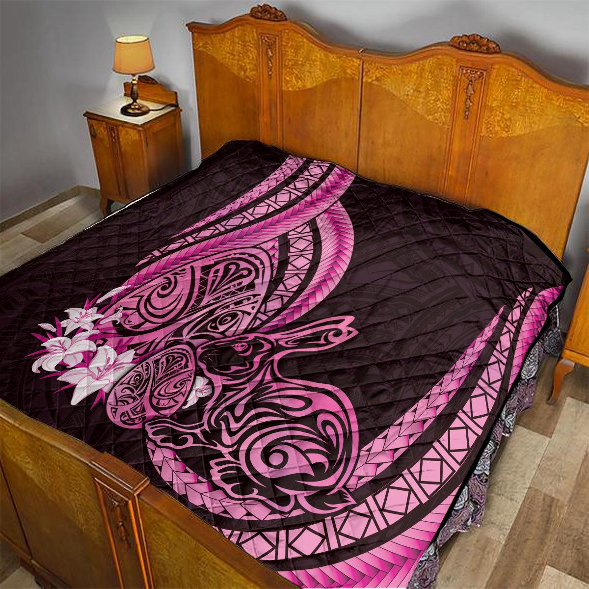 Pink Polynesia Easter Day Quilt Eggs With Bunny Polynesian Pattern