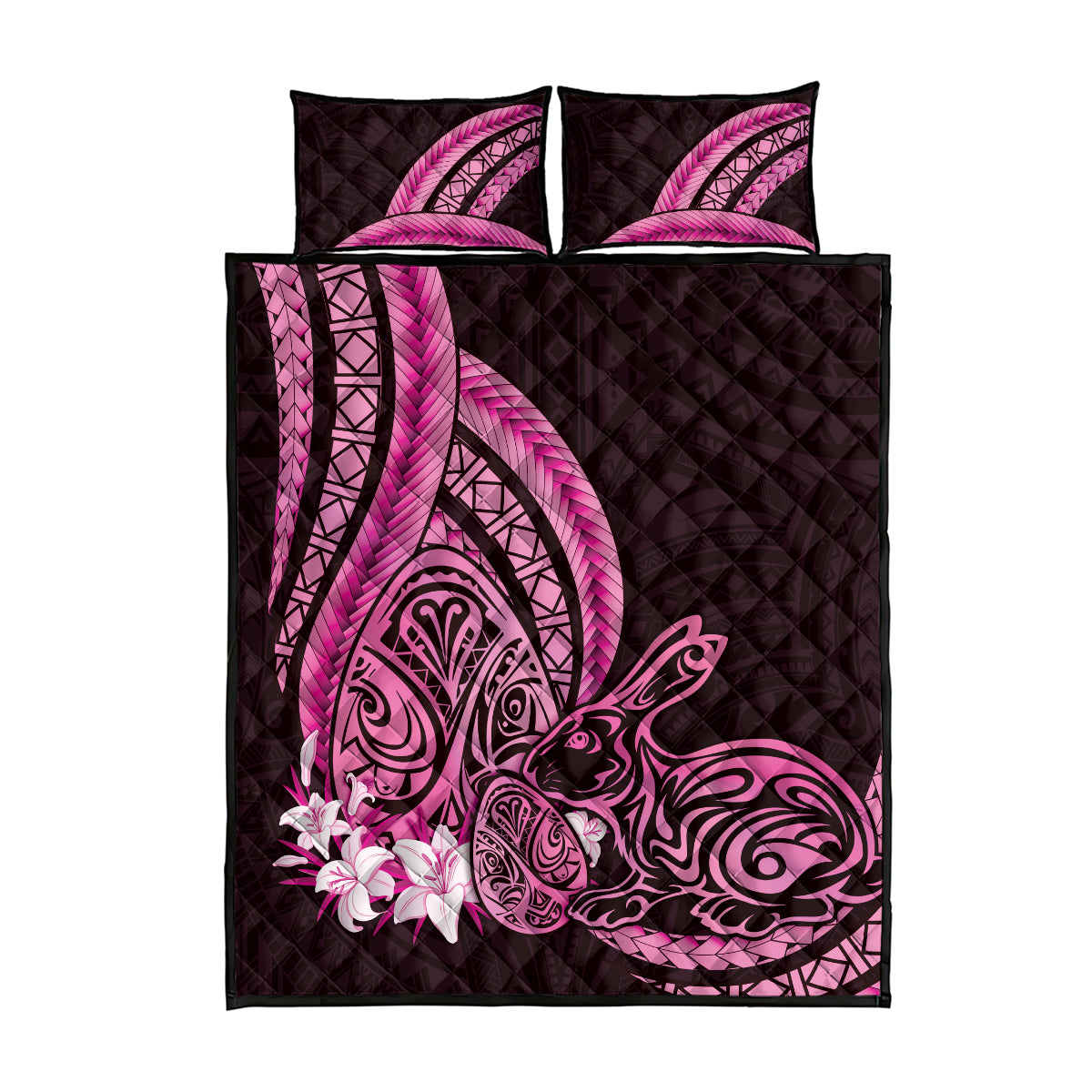 Pink Polynesia Easter Day Quilt Bed Set Eggs With Bunny Polynesian Pattern