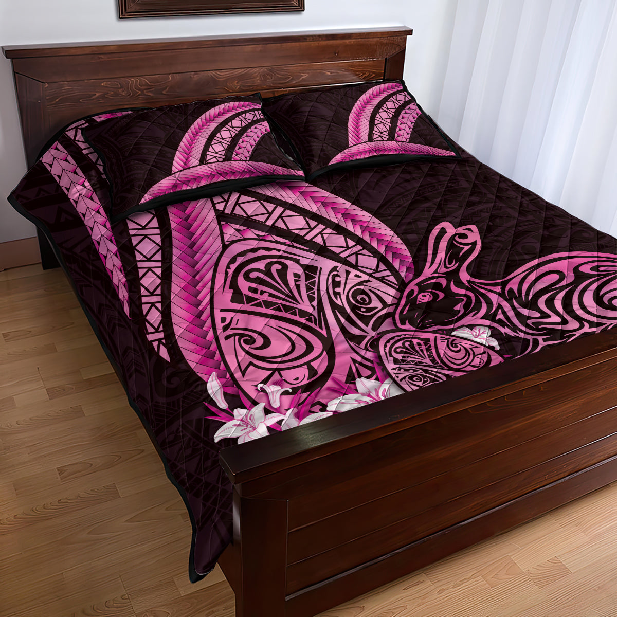 Pink Polynesia Easter Day Quilt Bed Set Eggs With Bunny Polynesian Pattern