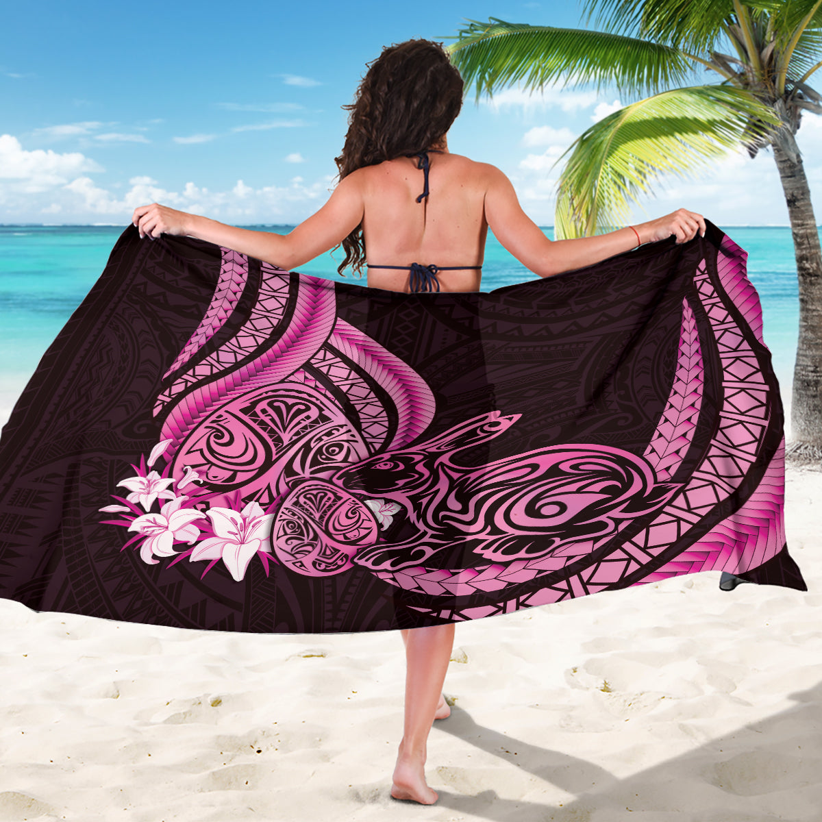 Pink Polynesia Easter Day Sarong Eggs With Bunny Polynesian Pattern