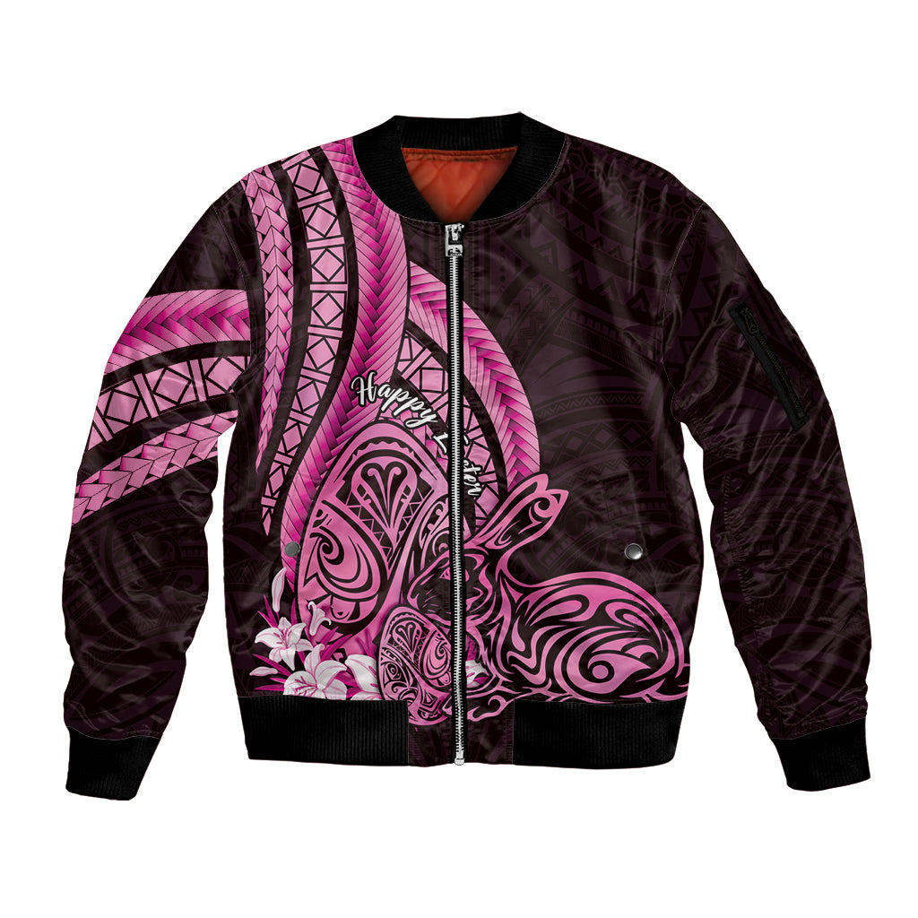 Pink Polynesia Easter Day Sleeve Zip Bomber Jacket Eggs With Bunny Polynesian Pattern