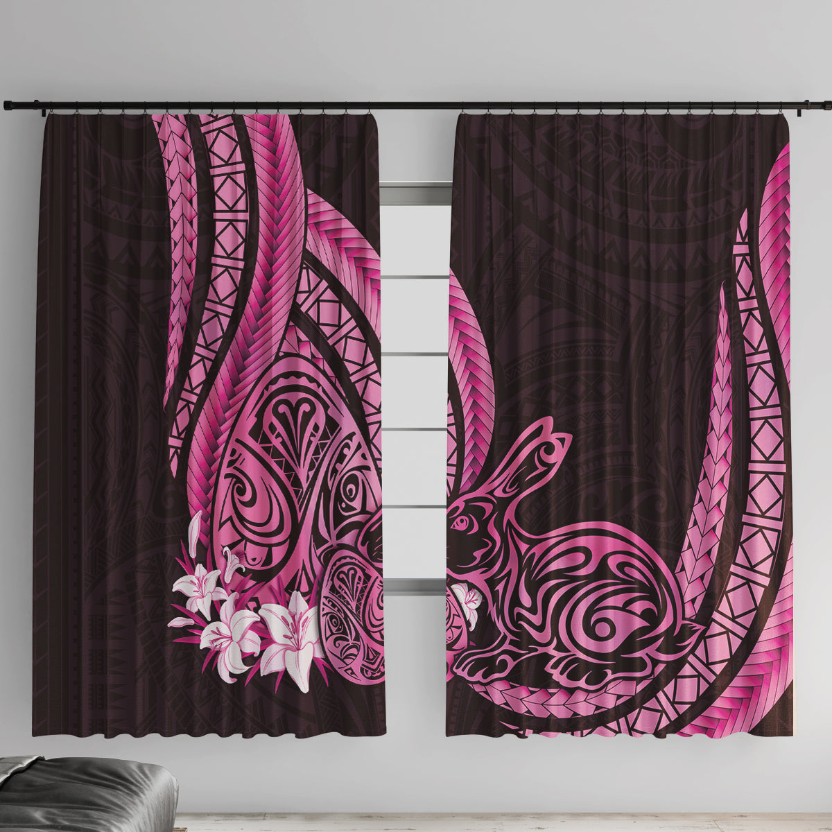 Pink Polynesia Easter Day Window Curtain Eggs With Bunny Polynesian Pattern LT14 With Hooks Pink - Polynesian Pride