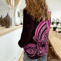 Pink Polynesia Easter Day Women Casual Shirt Eggs With Bunny Polynesian Pattern