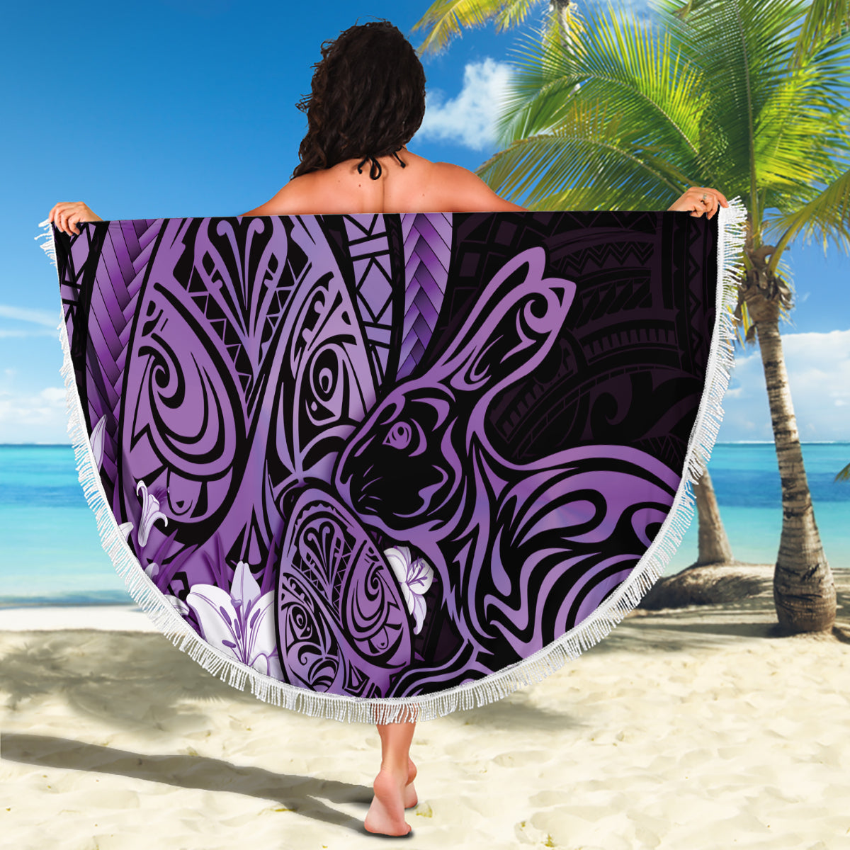 Purple Polynesia Easter Day Beach Blanket Eggs With Bunny Polynesian Pattern
