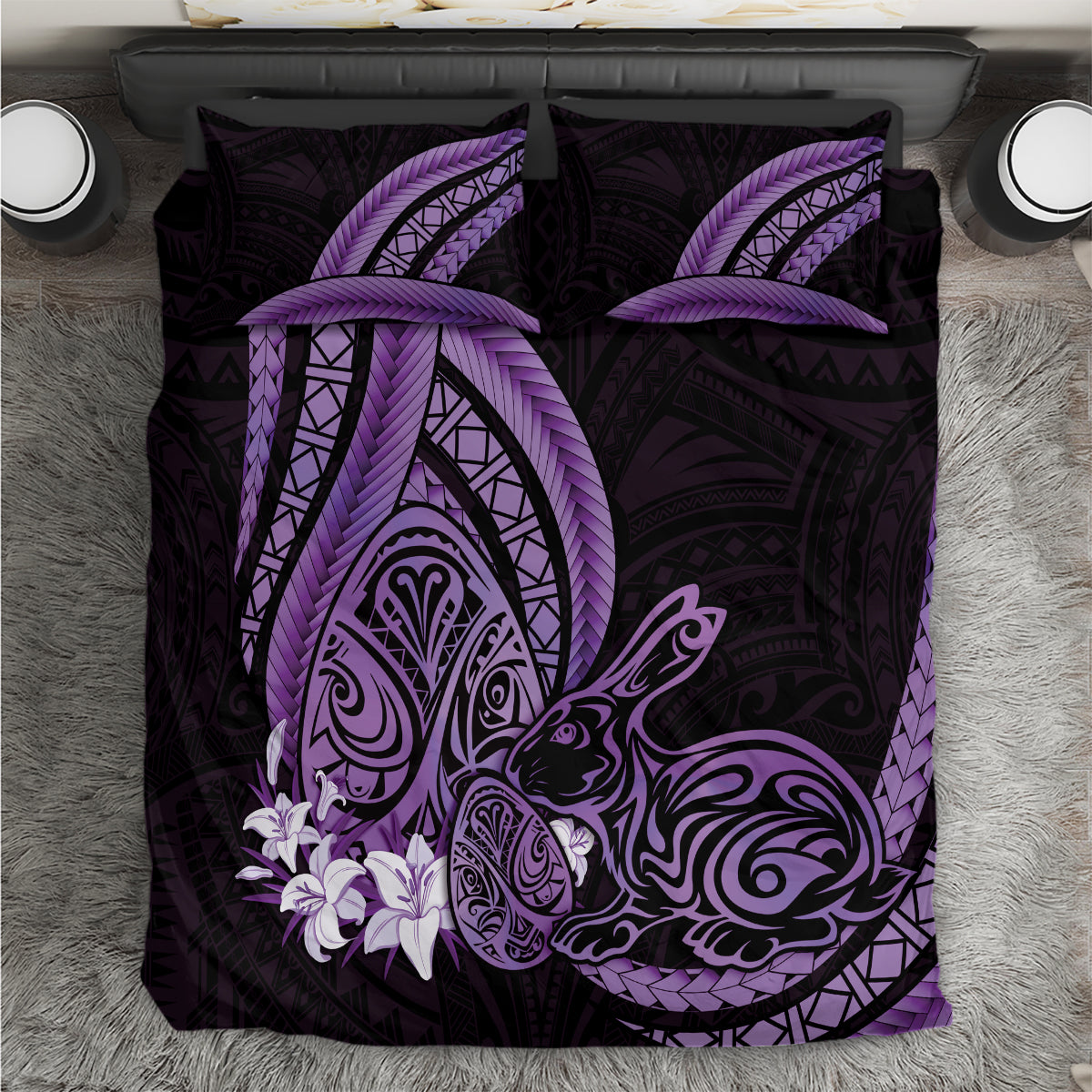 Purple Polynesia Easter Day Bedding Set Eggs With Bunny Polynesian Pattern