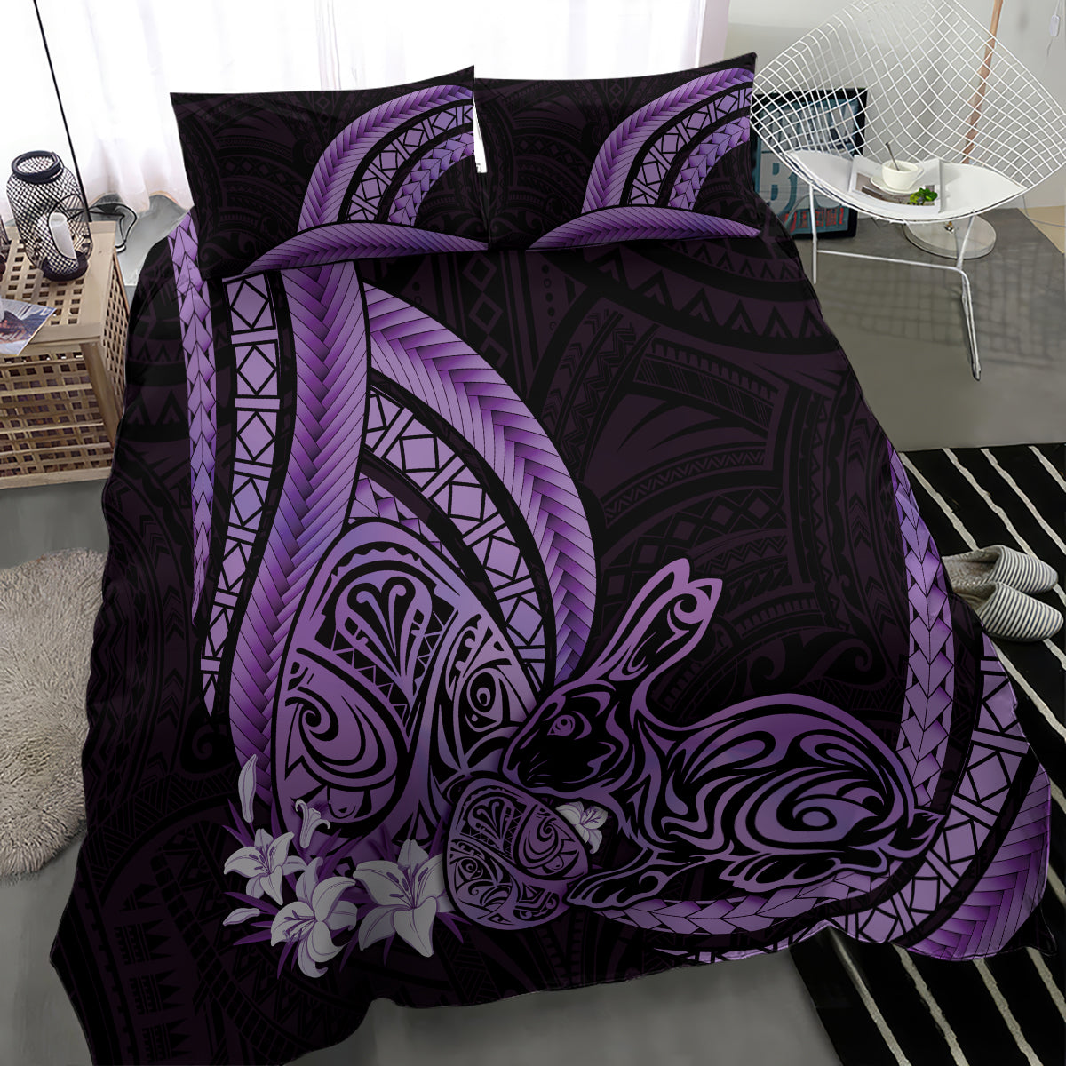 Purple Polynesia Easter Day Bedding Set Eggs With Bunny Polynesian Pattern