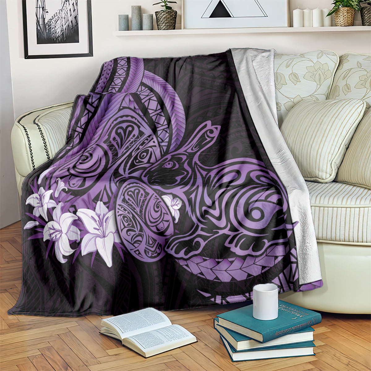 Purple Polynesia Easter Day Blanket Eggs With Bunny Polynesian Pattern